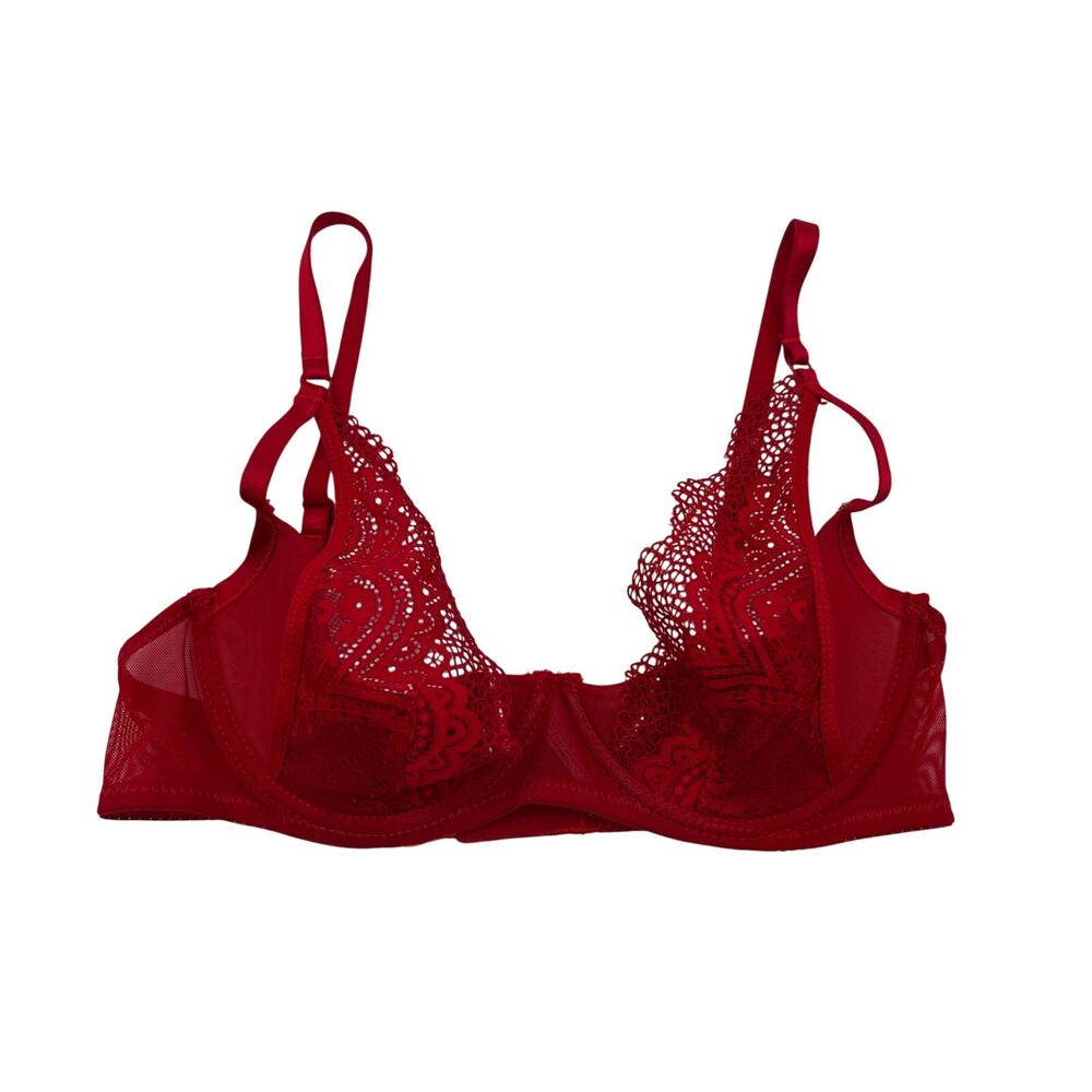 Adore Me Bra Lace Plunge Lightly Padded Underwire Back Closure Red 32C